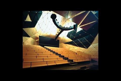 The birch lined auditorium with its funky extract ducts. 